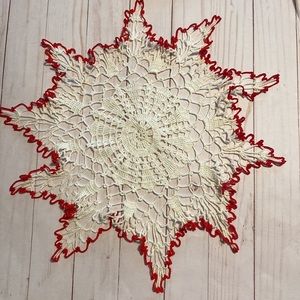Vintage 10 points doily crocheted red white boho 1950’s 12” mid century dainty